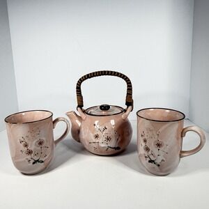 Vintage Japanese Pink Stoneware Tea Set Teapot w/ 2 Mugs Signed Base
